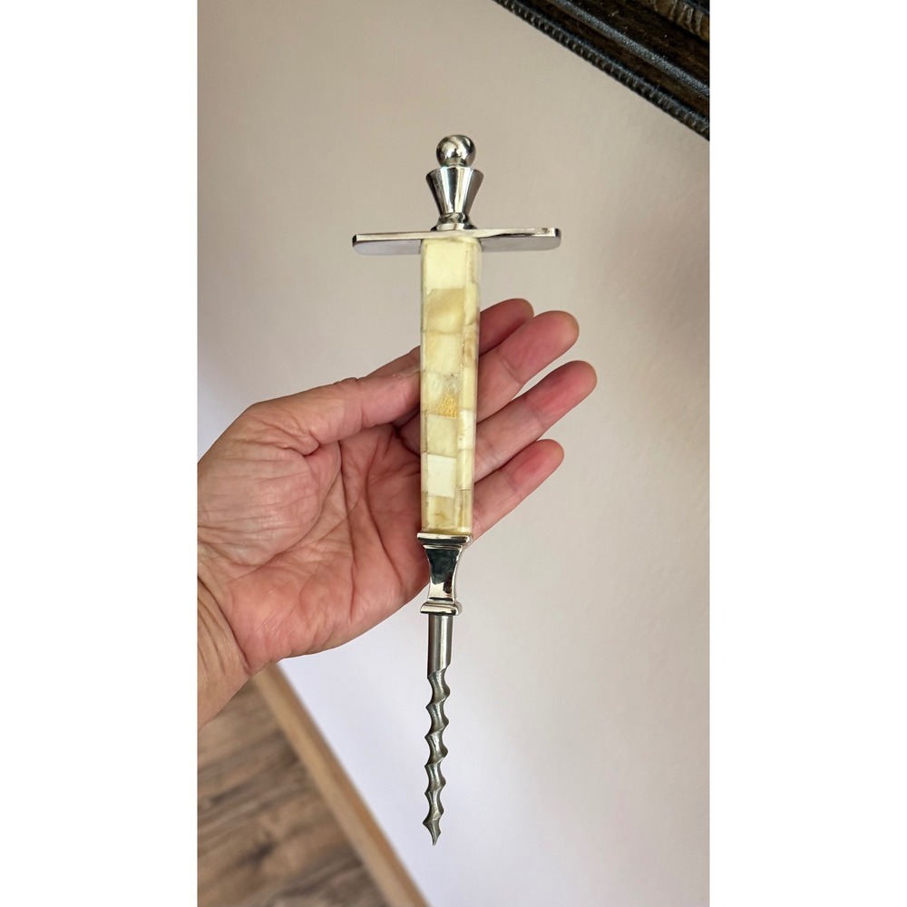 Vintage Stone Inlay Handled Corkscrew Chrome Barware Wine Opener Ivory Cream